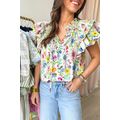 White Floral Print Ruffle Tiered Sleeve Split V...