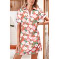 Fresh Salmon Floral Print Contrast Striped Trim...