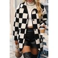 Black Checkered Side Pockets Collared Buttoned ...