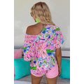Pink Floral Print Loose Fit V Neck T Shirt