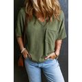 Jungle Green Corded V Neck Chest Pocket Loose T...