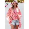 Pink Boho Floral V Neck Kimono Style Blouse