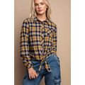 Tie Front Button Down Plaid Shirt With Front Po...