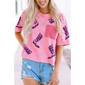 Pink Western Boots Sequin Patchwork Crew Neck T...