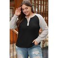 Black Color Contrast Waffle Knit Buttoned Plus ...
