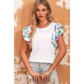 White Voluminous Printed Puff Sleeve Textured Top