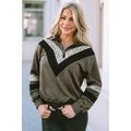 Green Leopard Contrast Splicing Quarter Zip Swe...
