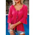 Rose Frilled Split V Neck Ruffled Sleeve Shift Top