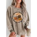 Khaki Oversized Autumn Vibe Graphic Corded Swea...