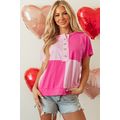 Pink Two Tone Half Buttons Collared T Shirt