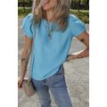 Light Blue Bubble Sleeve Solid Color Elegant T-...