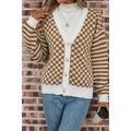 Brown Checkered Striped Patched Buttoned V Neck...