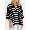 Black Stripe Henley Buttoned Placket Drop Shoul...