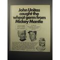 1971 Kretschmer Wheat Germ Ad - John Unitas caught wheat germ from Mickey Mantle