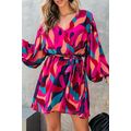Red Abstract Printed Belted Puff Sleeve Mini Dress