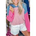 Pink Color Block Patchwork Corded Knit Loose Fi...