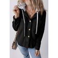 Black Hooded Drawstring Pockets Corduroy Shacket