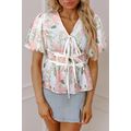 Pink Floral Puff Sleeve V Neck Tied Front Peplu...