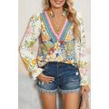 Sky Blue Floral Print Ruffled Long Sleeve Croch...