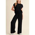 Black Solid Color Corded Short Sleeve Top and C...