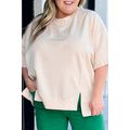 Beige Pearl Decor Crew Neck Half Sleeve Plus Si...