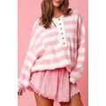 Pink Stripe Half Buttons Drop Shoulder Sweater