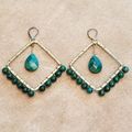 Green & Gold Wire Wrapped Bead Square Earrings