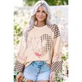 Beige Plaid Floral Peace Heart Graphic Wide Lon...