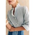 Sky Blue Stripe Frilled Trim Button Up Long Sle...