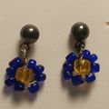 Flower Beaded Earrings Blue and Yellow Beaded F...