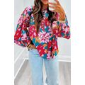 Red Floral Printed Balloon Sleeve Half Buttons ...