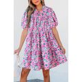 Pink Floral Collared Half Placket Short Sleeve ...