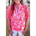 Red Floral Split V Neck Ruffled Short Sleeve Bl...