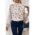 White Leopard Print Lantern Sleeve Mock Neck Pl...