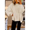 White Waffle Knit Bishop Sleeve Split Oversized...