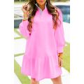 Pink Contrast Striped Collar Patchwork Puff Sle...