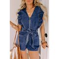 Sail Blue Denim Ruffled Zipped Front Belted Romper