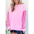 Pink Sequin Patchwork Long Sleeve Pullover Top