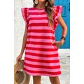 Red Stripe Flutter Sleeve Round Neck Shift Dress