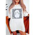 White Checkered Ghost Print Crew Neck Oversized...