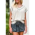 White Contrast Trim V Neck Cable Knit Sweater Vest