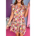 Purple Floral Print Split Neck Flutter Sleeve D...