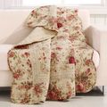 Red Pink Gold Ecru Floral Roses Quilt Throw Bla...