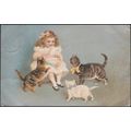 Young Girl with Hungry Cats, 1906 - Postcard