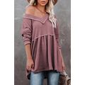 Pink Waffle Knit V Neck Long Sleeve Babydoll Top