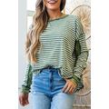Green Stripe Thermal Knit Drop Shoulder Casual Top