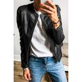 Black Solid Faux Leather Zipper Slim Fit Bomber...