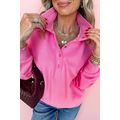 Bright Pink Half Button Stand Neck Drop Shoulde...