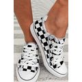 Black Checkered Print Raw Edge Lace-up Canvas S...