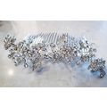 Crystal leaves and flowers silver hair comb bar...